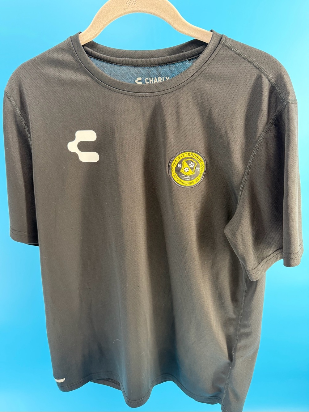 Charly Men's Black Short Sleeve Pittsburgh Riverhounds Jersey with Yellow Crest